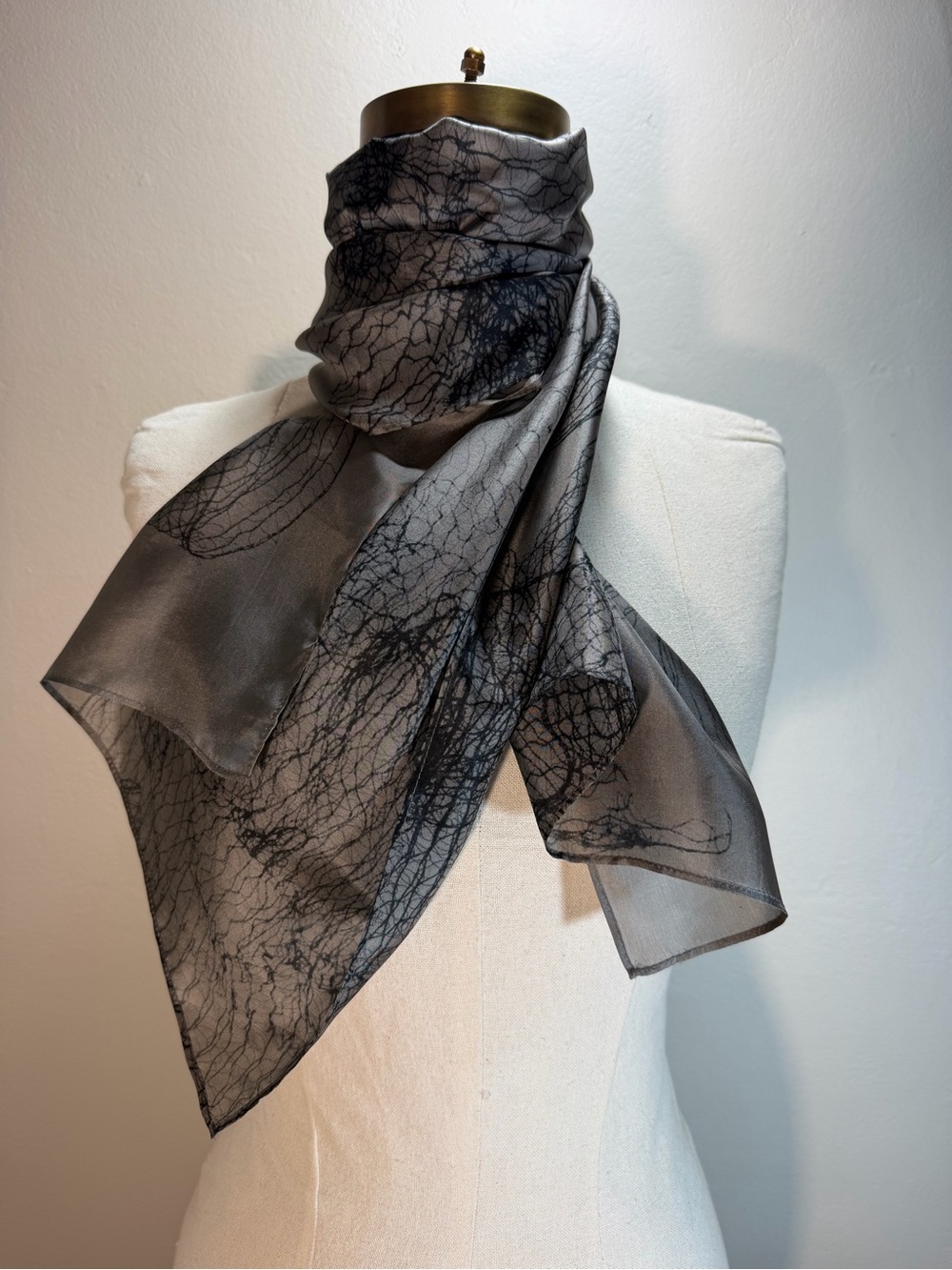 Eileen Fisher Gray Silk Sheer Scarf with Black Veining